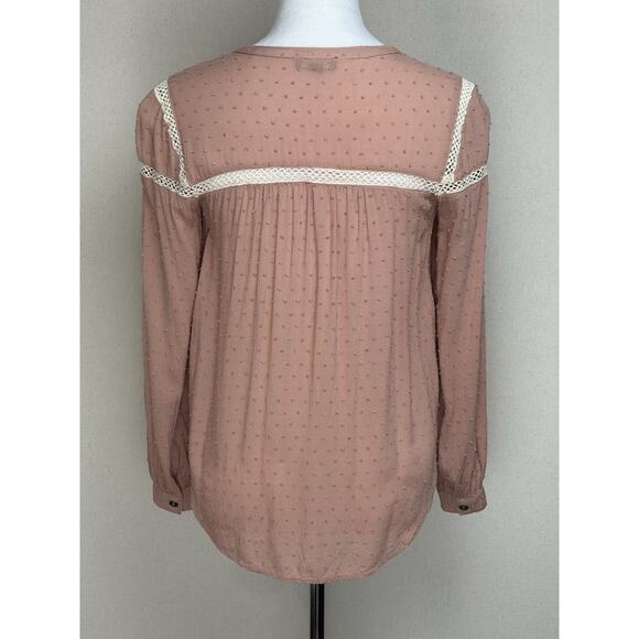 APEACH Women’s Top Blouse Sz Small Mauve Textured Lace Trim Long Sleeve Peasant - Picture 6 of 14